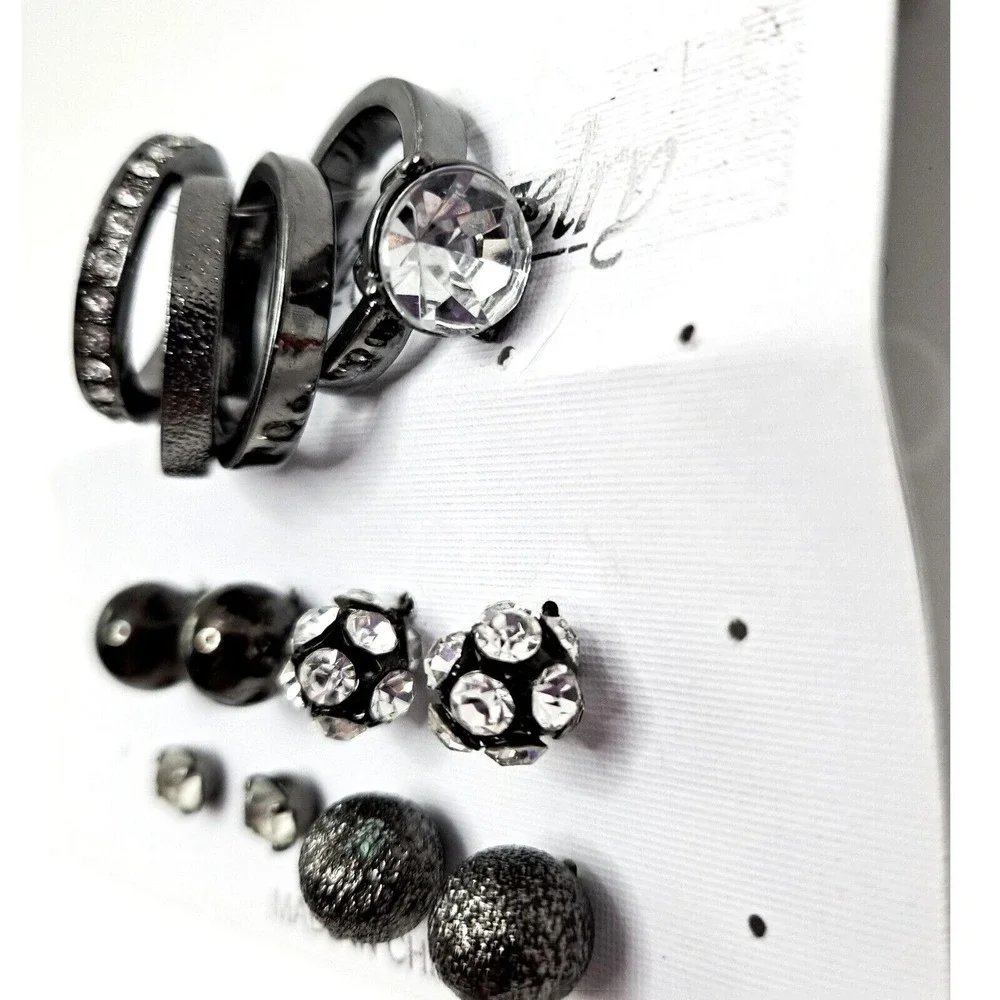 Rings Earrings Set Size 8‎ Gunmetal Rhinestone Studs Fashion Jewelry Gift New